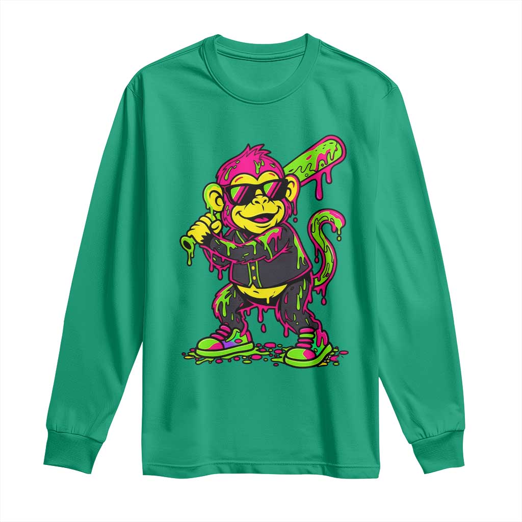 Neon Dripping Monkey Baseball Graphic Long Sleeve Shirt Ball Party Game Day Vibes