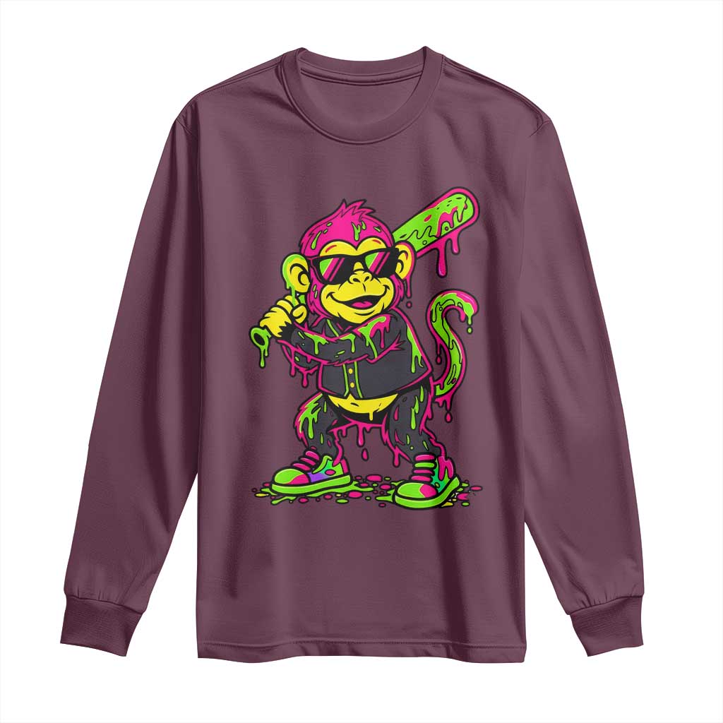 Neon Dripping Monkey Baseball Graphic Long Sleeve Shirt Ball Party Game Day Vibes