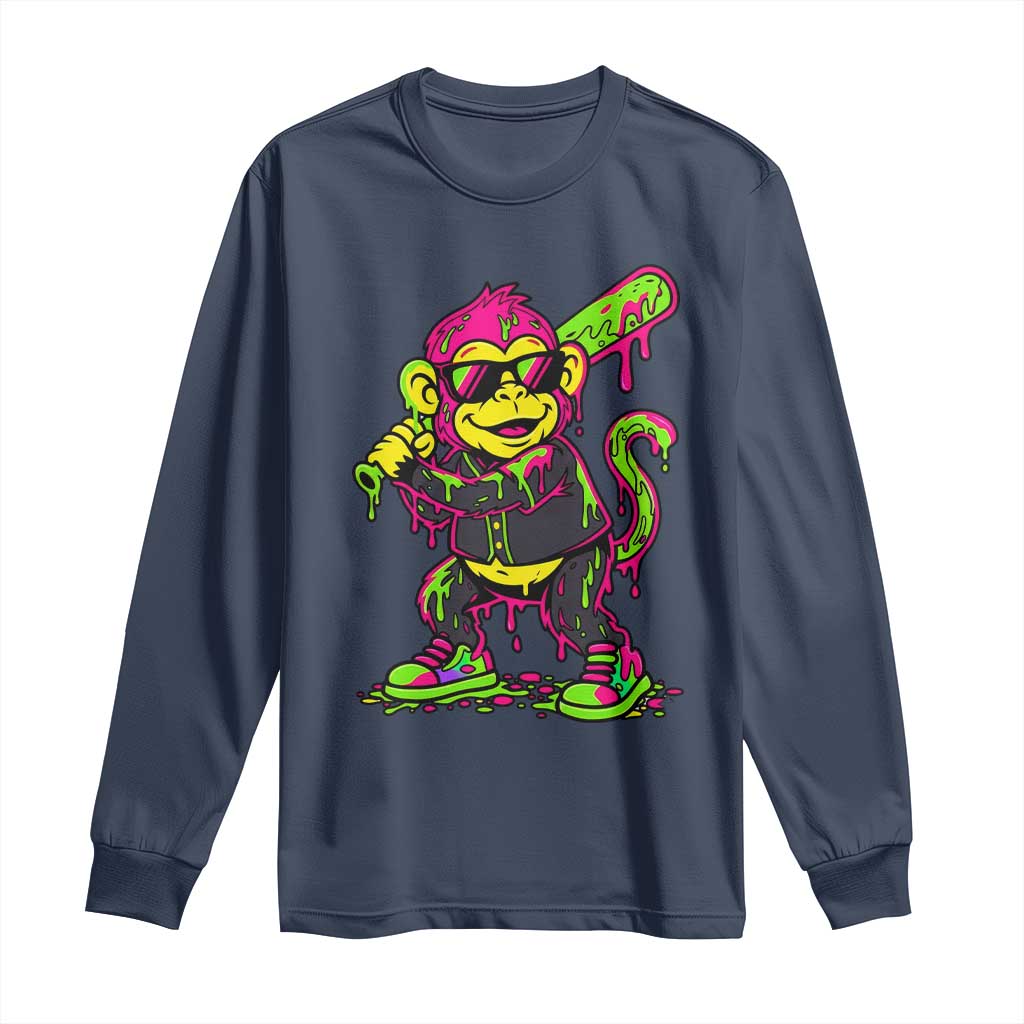 Neon Dripping Monkey Baseball Graphic Long Sleeve Shirt Ball Party Game Day Vibes
