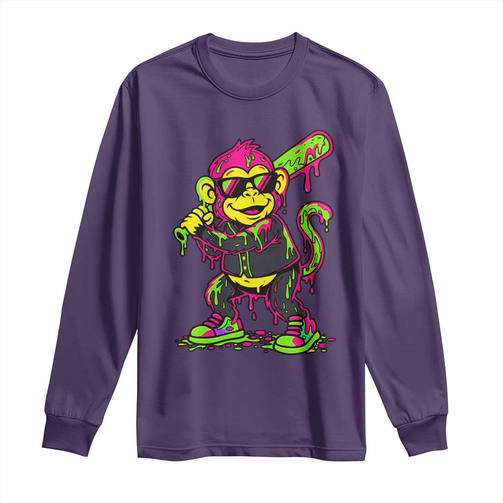 Neon Dripping Monkey Baseball Graphic Long Sleeve Shirt Ball Party Game Day Vibes