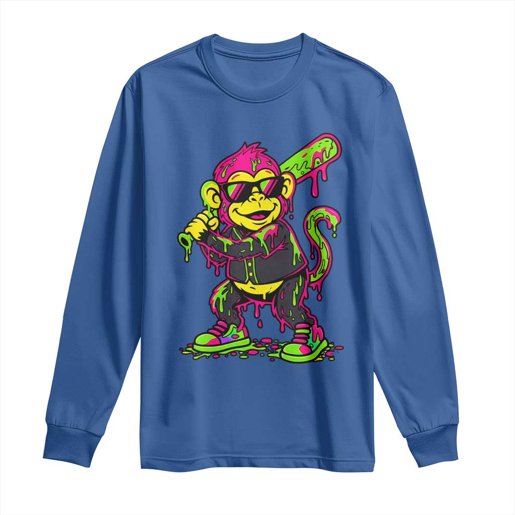 Neon Dripping Monkey Baseball Graphic Long Sleeve Shirt Ball Party Game Day Vibes