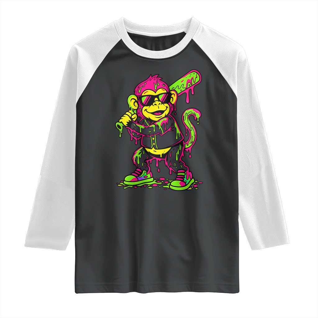 Neon Dripping Monkey Baseball Graphic Raglan Shirt Ball Party Game Day Vibes