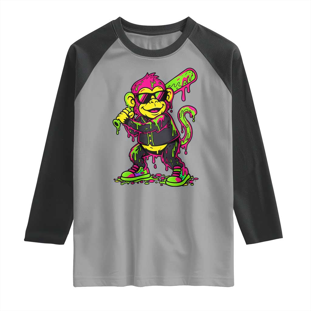 Neon Dripping Monkey Baseball Graphic Raglan Shirt Ball Party Game Day Vibes