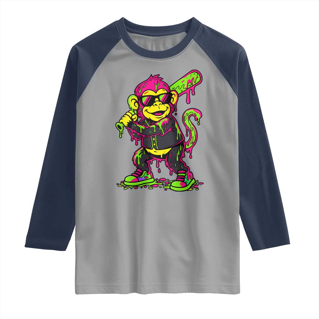 Neon Dripping Monkey Baseball Graphic Raglan Shirt Ball Party Game Day Vibes