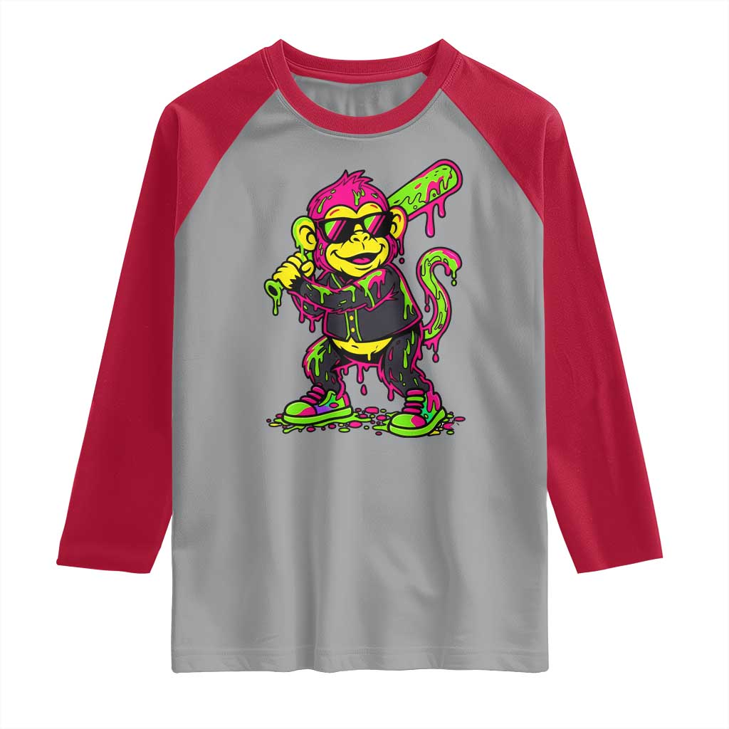 Neon Dripping Monkey Baseball Graphic Raglan Shirt Ball Party Game Day Vibes