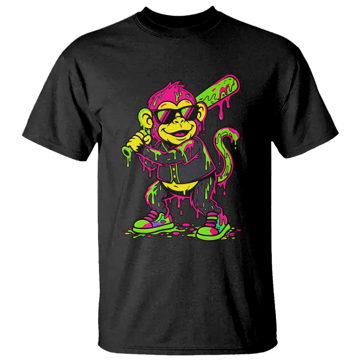 Neon Dripping Monkey Baseball Graphic T Shirt Ball Party Game Day Vibes