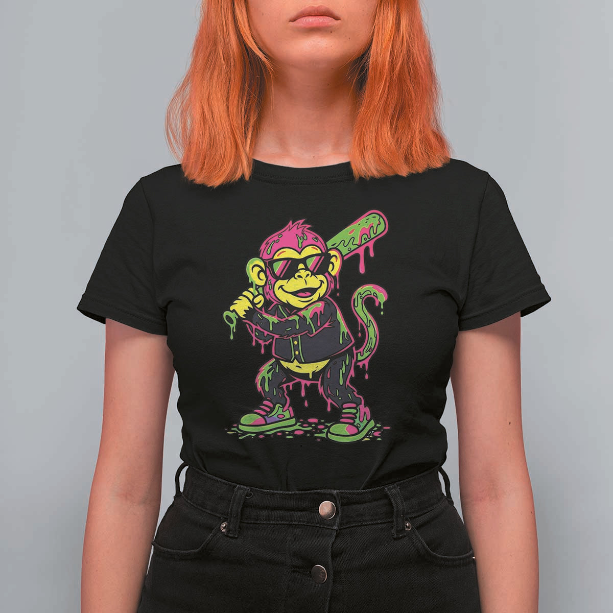 Neon Dripping Monkey Baseball Graphic T Shirt For Women Ball Party Game Day Vibes