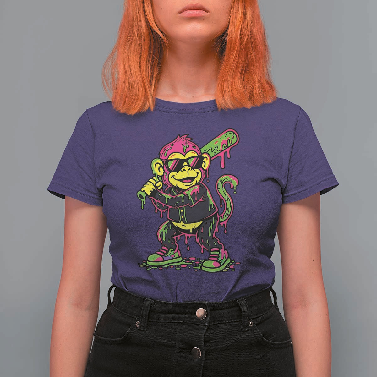 Neon Dripping Monkey Baseball Graphic T Shirt For Women Ball Party Game Day Vibes
