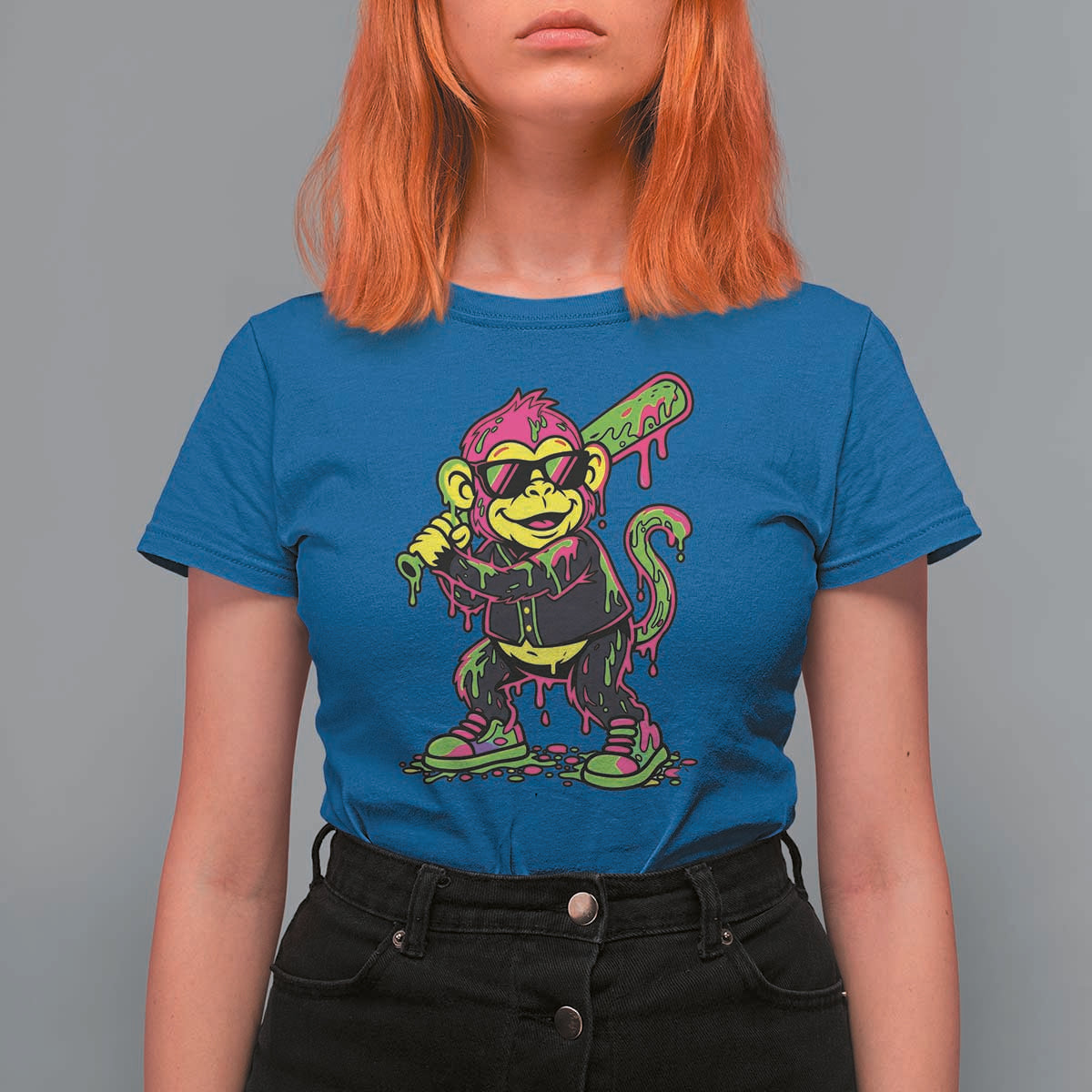 Neon Dripping Monkey Baseball Graphic T Shirt For Women Ball Party Game Day Vibes