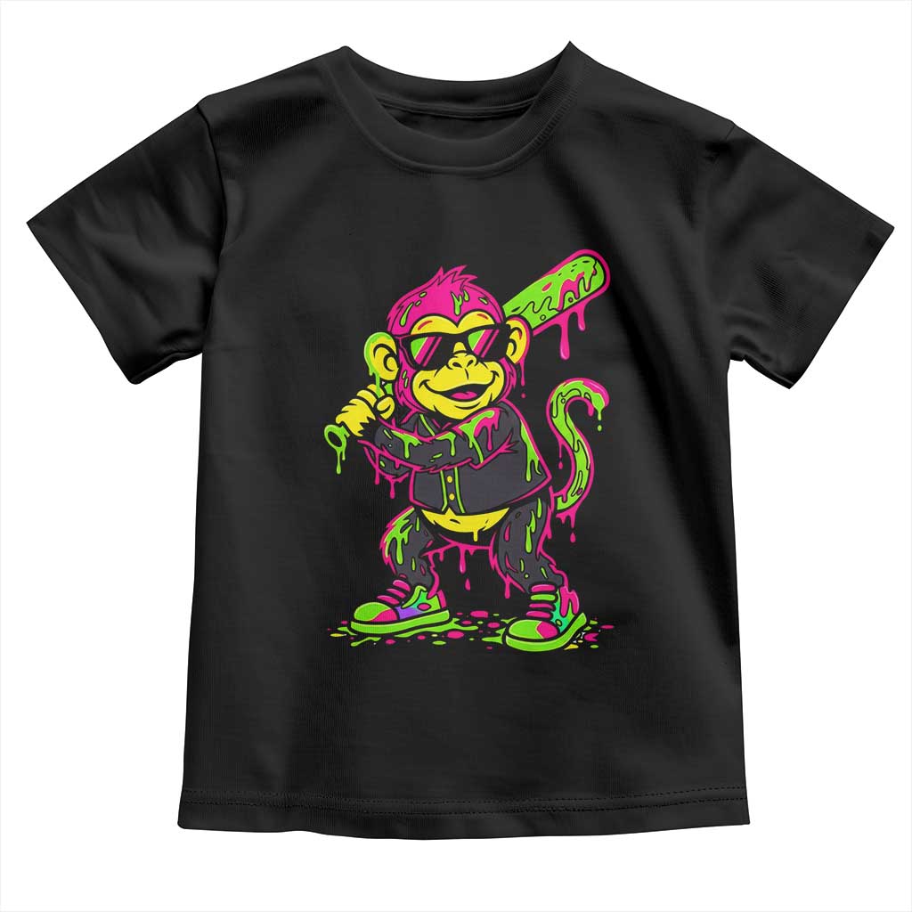 Neon Dripping Monkey Baseball Graphic Toddler T Shirt Ball Party Game Day Vibes
