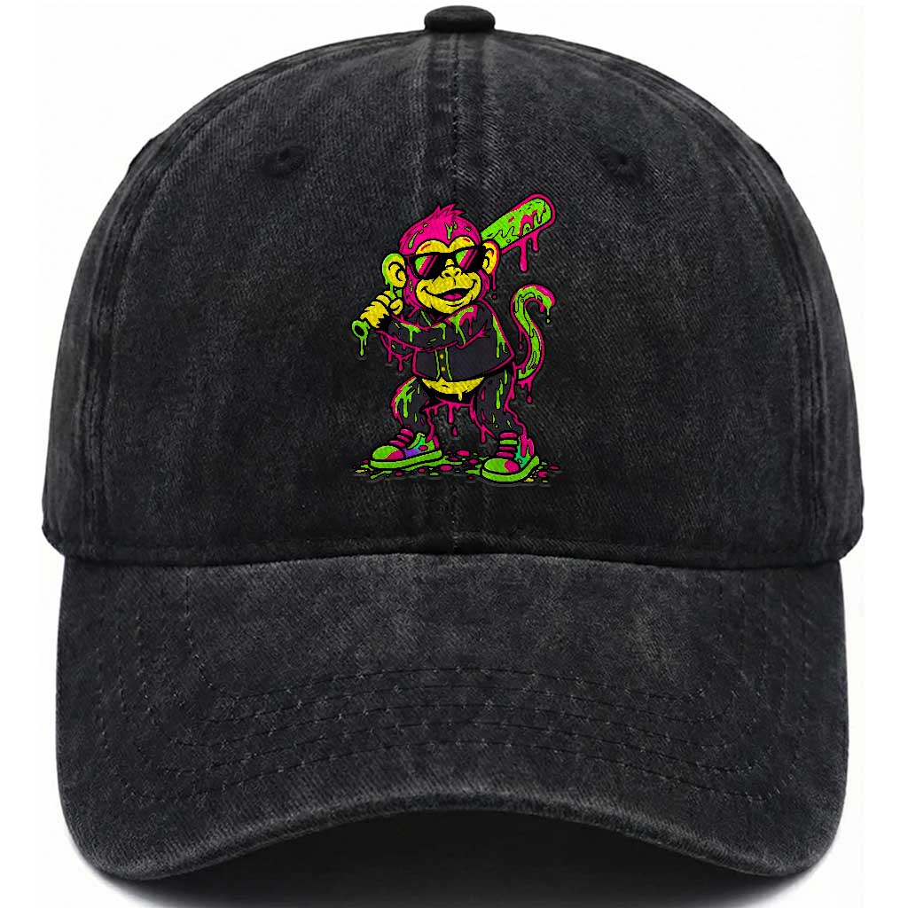 Neon Dripping Monkey Baseball Graphic Washed Cotton Baseball Cap Ball Party Game Day Vibes