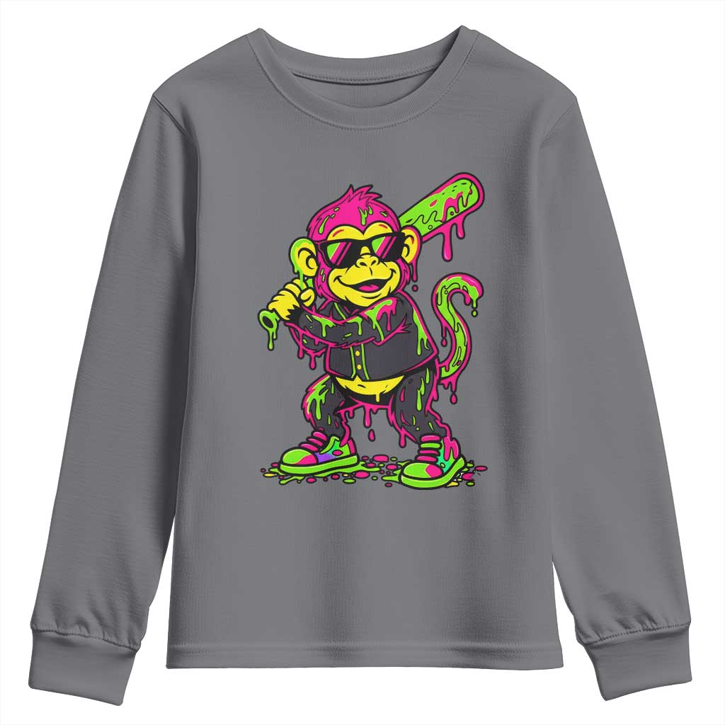 Neon Dripping Monkey Baseball Graphic Youth Sweatshirt Ball Party Game Day Vibes