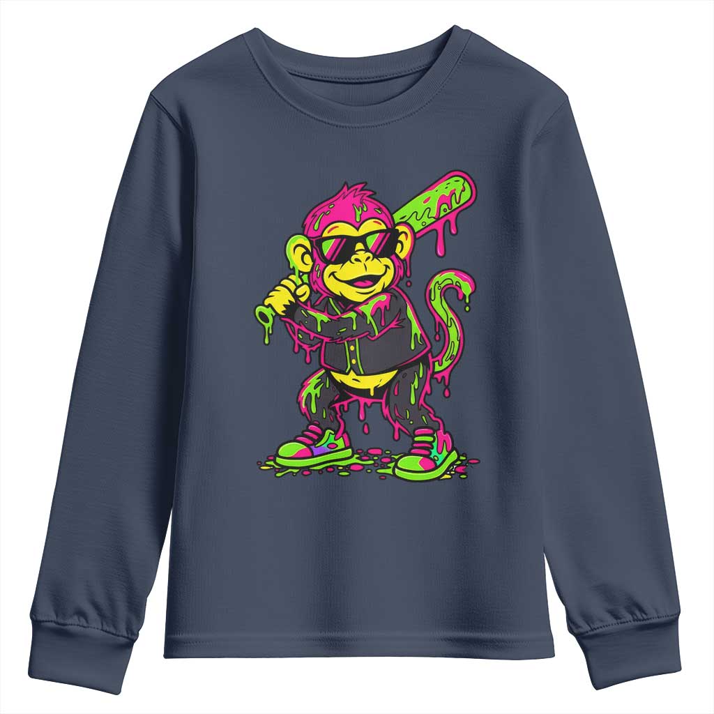 Neon Dripping Monkey Baseball Graphic Youth Sweatshirt Ball Party Game Day Vibes