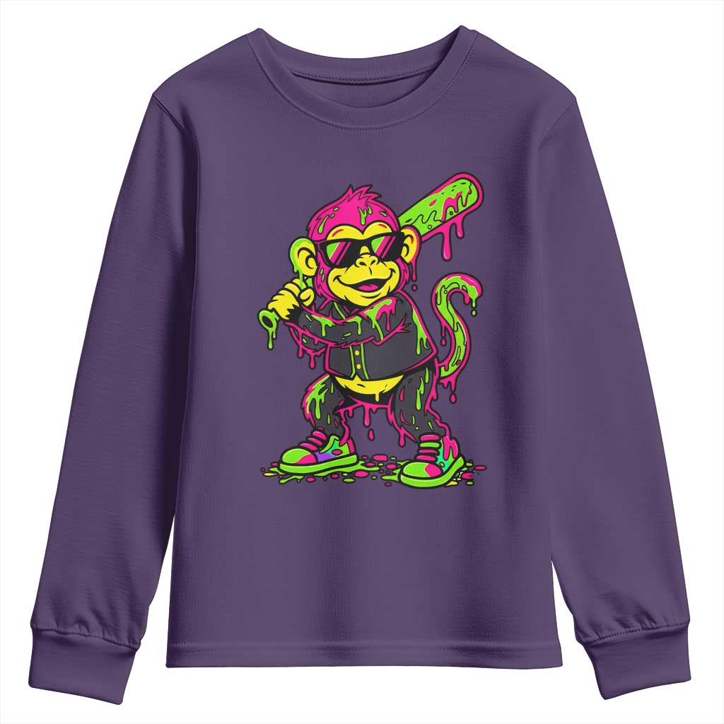 Neon Dripping Monkey Baseball Graphic Youth Sweatshirt Ball Party Game Day Vibes