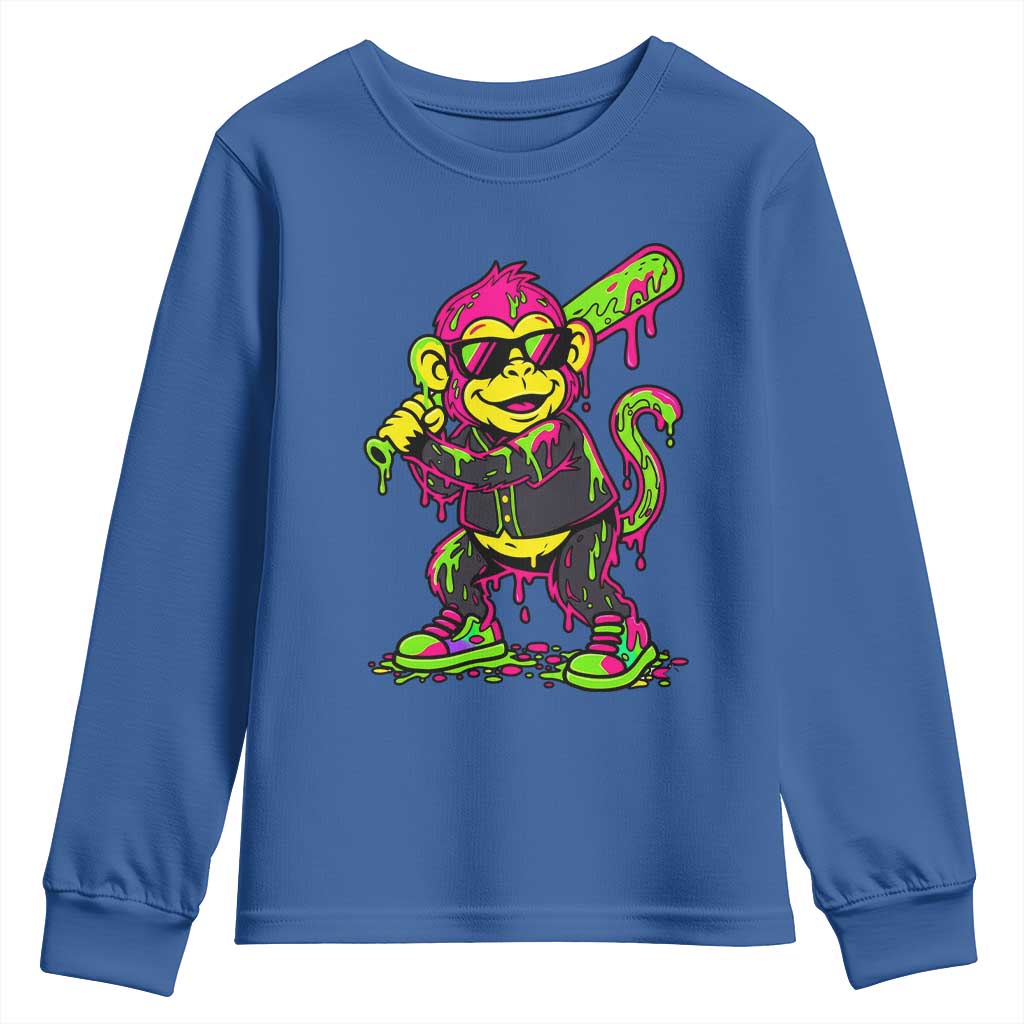 Neon Dripping Monkey Baseball Graphic Youth Sweatshirt Ball Party Game Day Vibes
