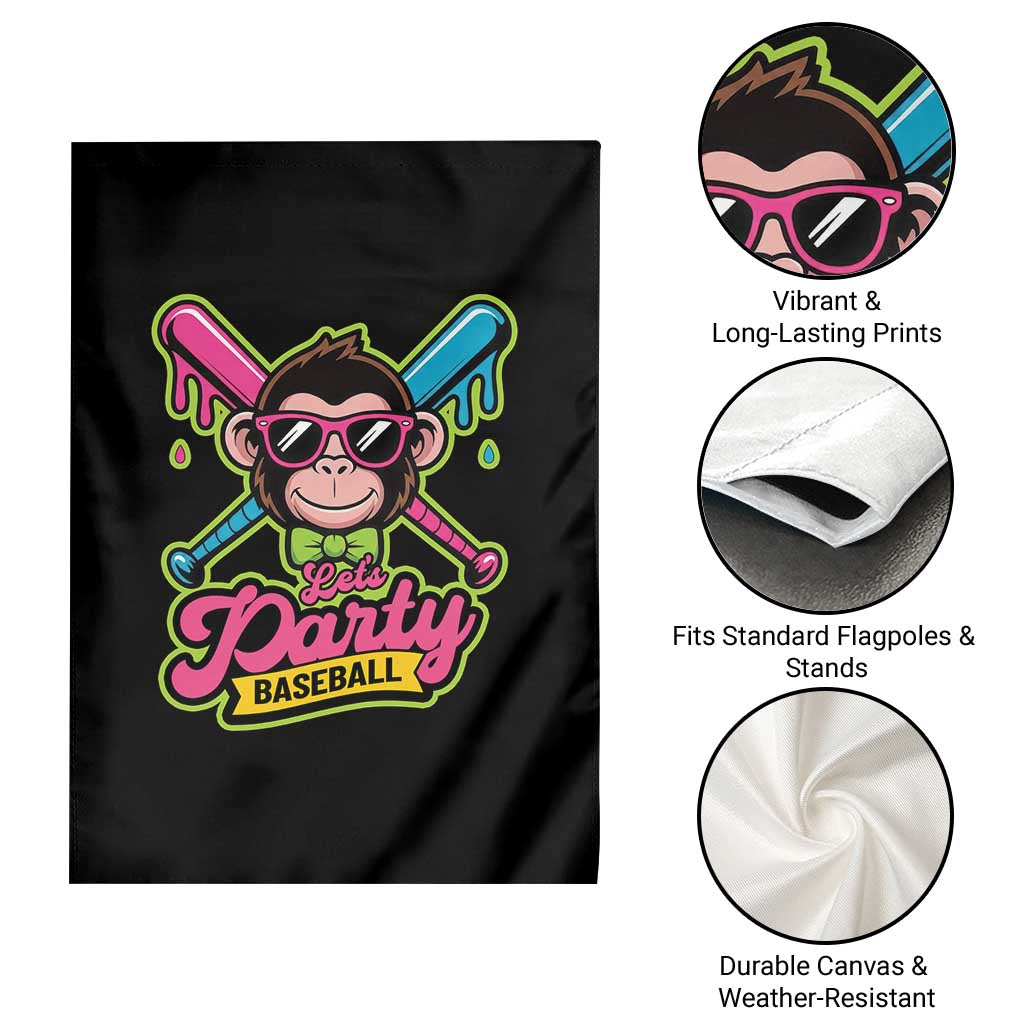 Lets Party Baseball Monkey Game Day Garden Flag Neon Dripping Bats Funny Baseball Fan Party Ball