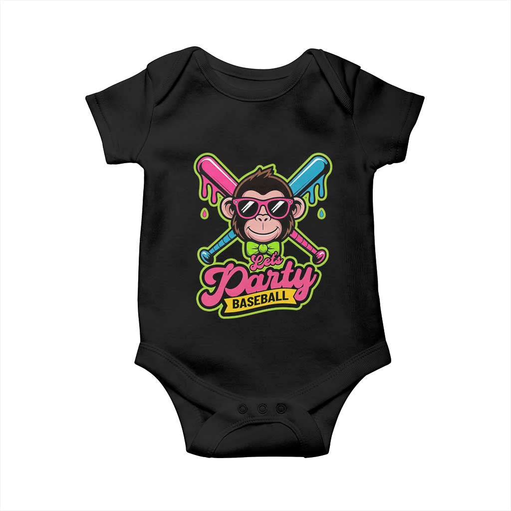 Lets Party Baseball Monkey Game Day Baby Onesie Neon Dripping Bats Funny Baseball Fan Party Ball