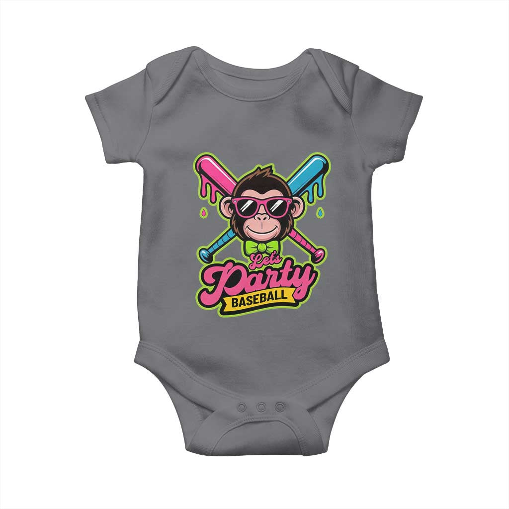 Lets Party Baseball Monkey Game Day Baby Onesie Neon Dripping Bats Funny Baseball Fan Party Ball