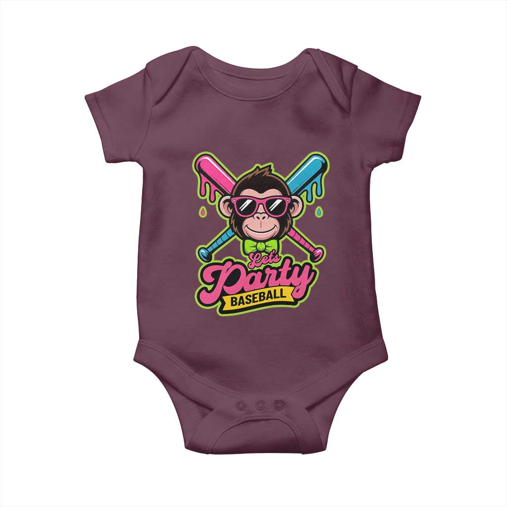 Lets Party Baseball Monkey Game Day Baby Onesie Neon Dripping Bats Funny Baseball Fan Party Ball