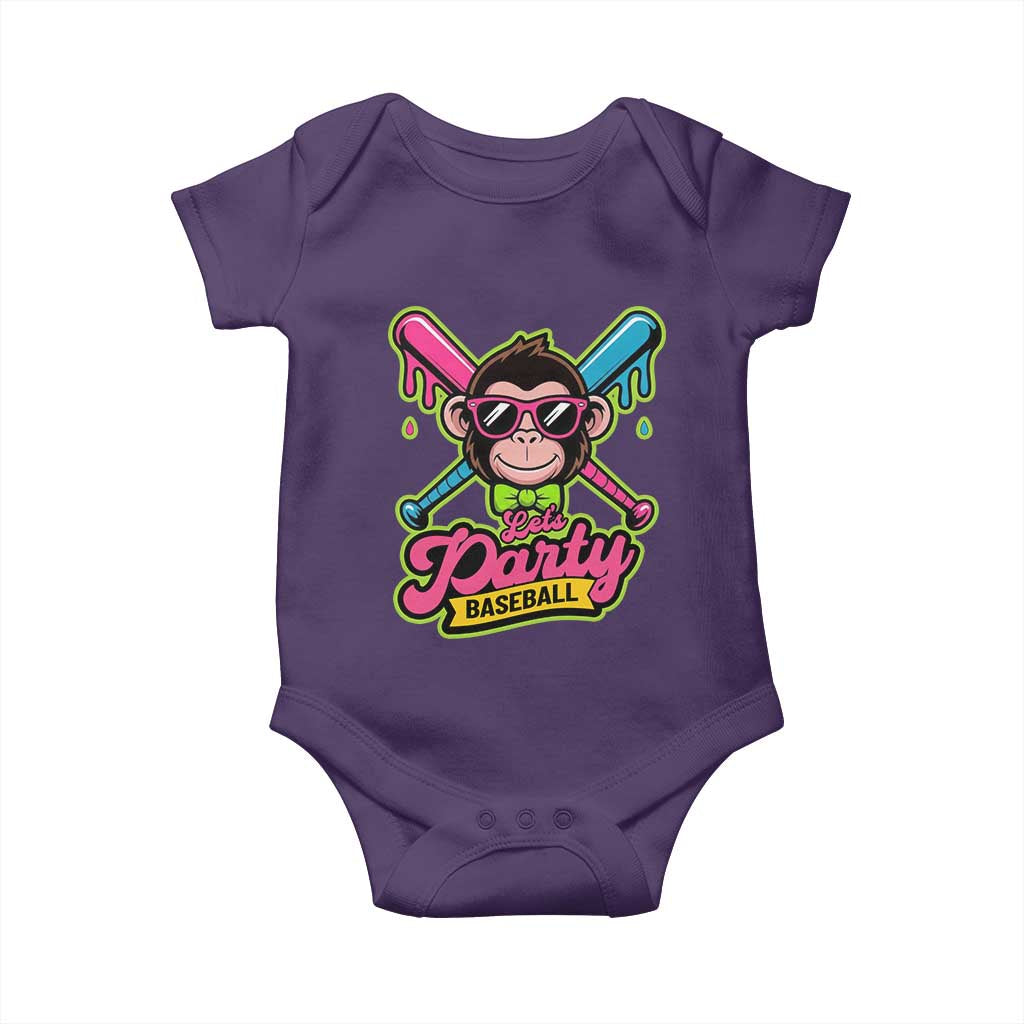 Lets Party Baseball Monkey Game Day Baby Onesie Neon Dripping Bats Funny Baseball Fan Party Ball