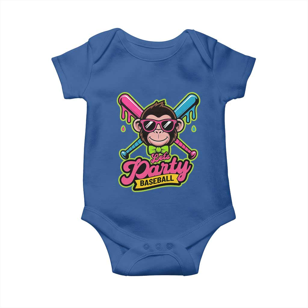 Lets Party Baseball Monkey Game Day Baby Onesie Neon Dripping Bats Funny Baseball Fan Party Ball