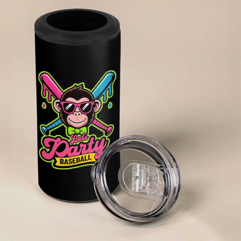 Lets Party Baseball Monkey Game Day 4 in 1 Can Cooler Tumbler Neon Dripping Bats Funny Baseball Fan Party Ball