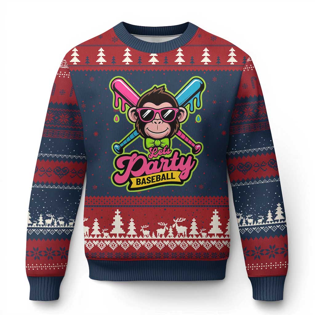 Lets Party Baseball Monkey Game Day Ugly Christmas Sweater Neon Dripping Bats Funny Baseball Fan Party Ball