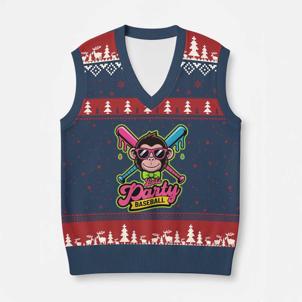 Lets Party Baseball Monkey Game Day V-Neck Knit Sweater Vest Neon Dripping Bats Funny Baseball Fan Party Ball