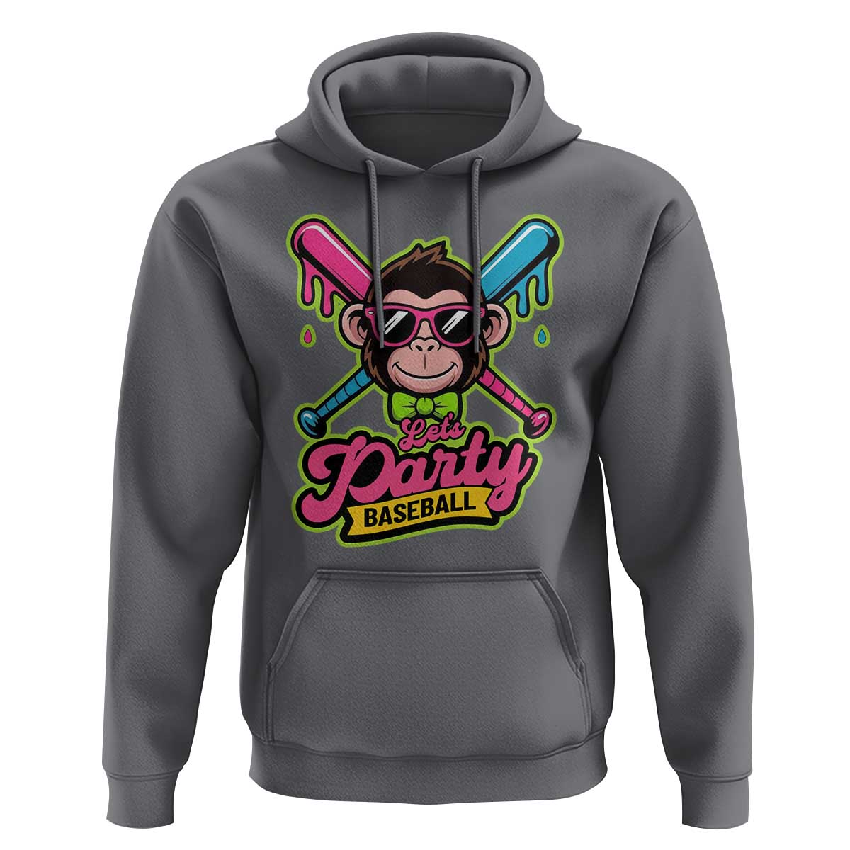 Lets Party Baseball Monkey Game Day Hoodie Neon Dripping Bats Funny Baseball Fan Party Ball