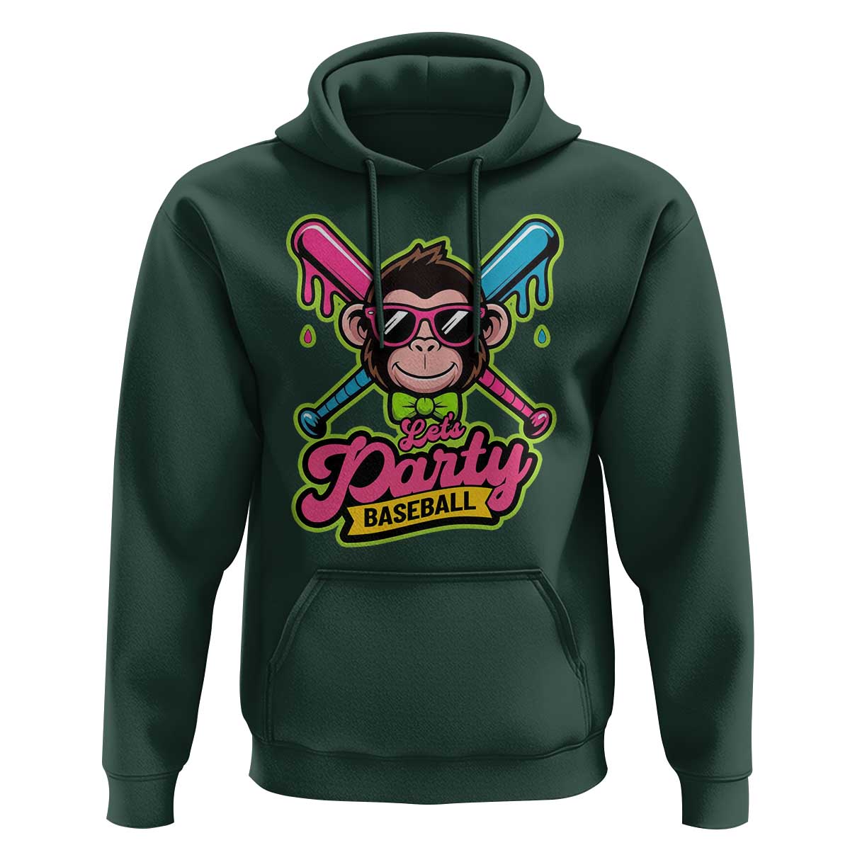 Lets Party Baseball Monkey Game Day Hoodie Neon Dripping Bats Funny Baseball Fan Party Ball