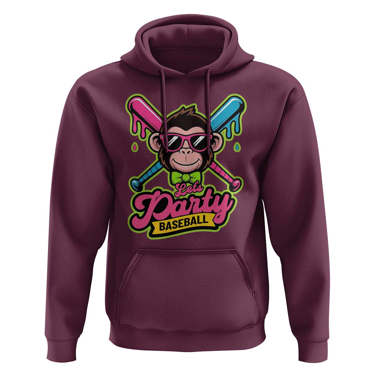 Lets Party Baseball Monkey Game Day Hoodie Neon Dripping Bats Funny Baseball Fan Party Ball