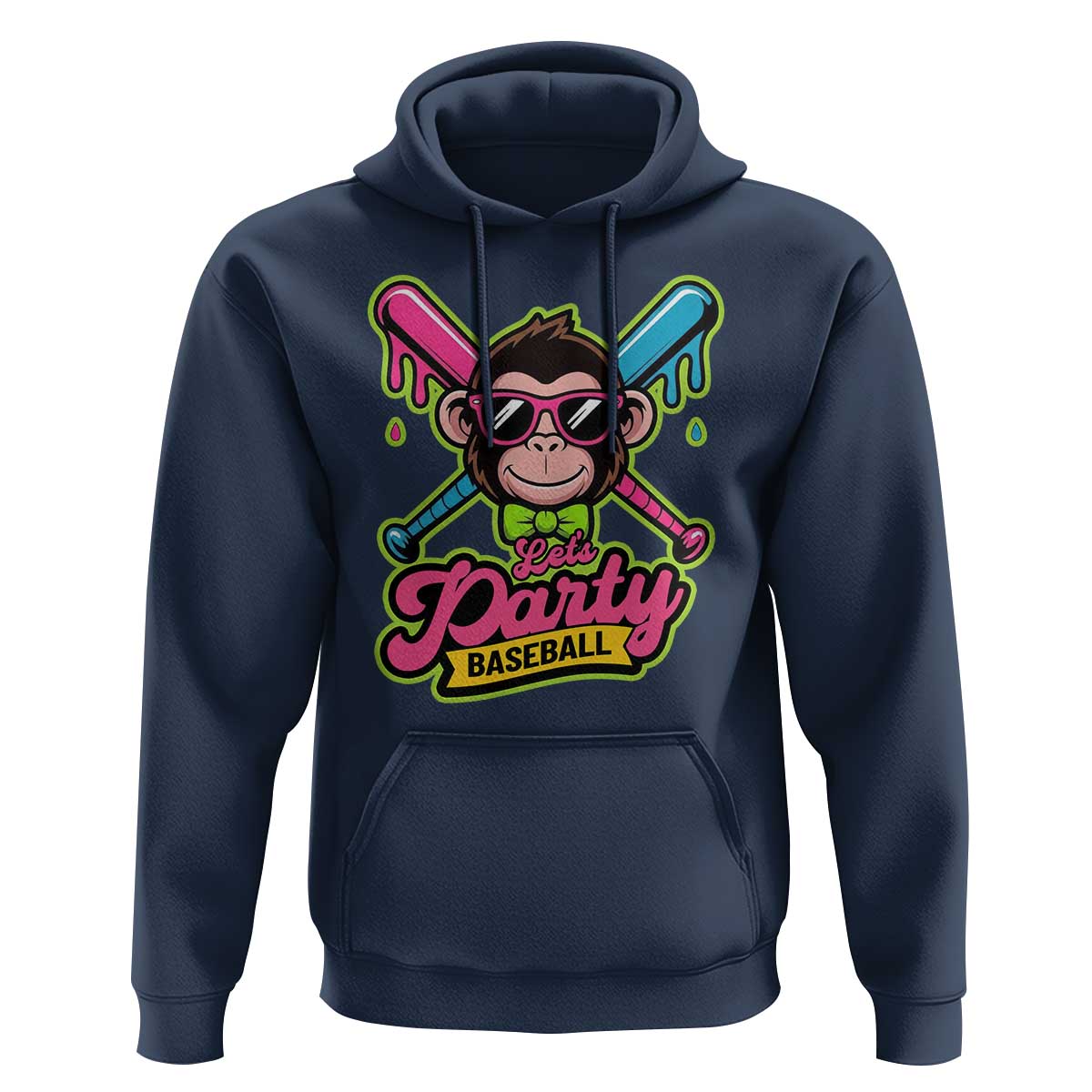 Lets Party Baseball Monkey Game Day Hoodie Neon Dripping Bats Funny Baseball Fan Party Ball
