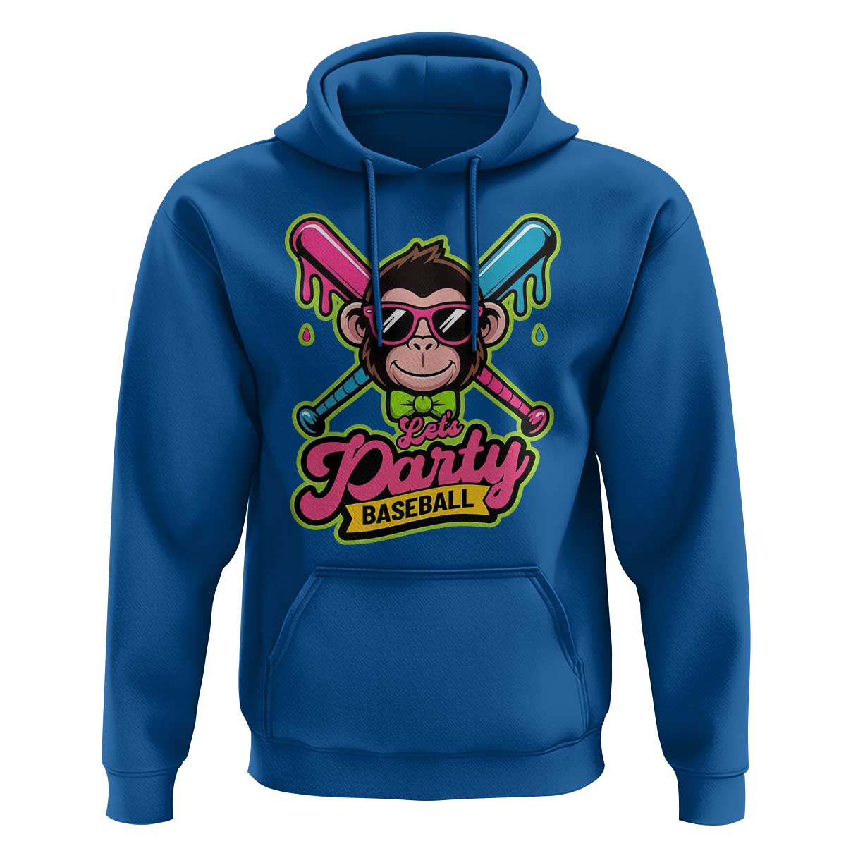 Lets Party Baseball Monkey Game Day Hoodie Neon Dripping Bats Funny Baseball Fan Party Ball