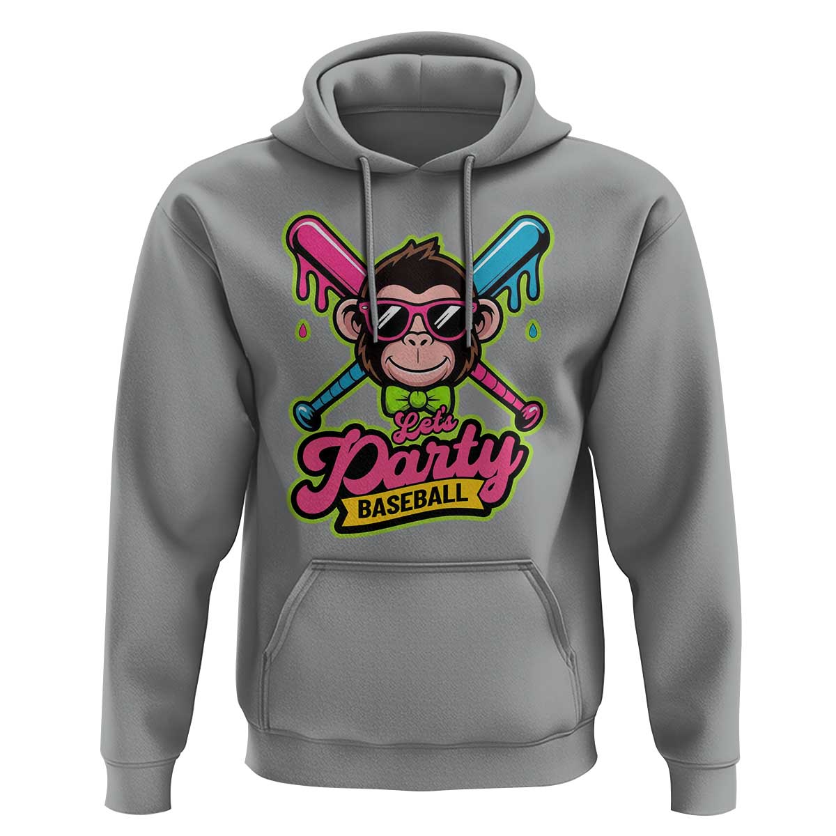 Lets Party Baseball Monkey Game Day Hoodie Neon Dripping Bats Funny Baseball Fan Party Ball
