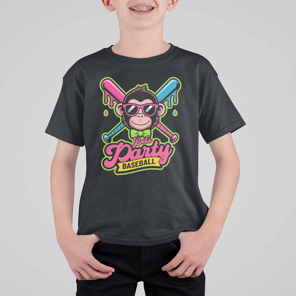 Lets Party Baseball Monkey Game Day T Shirt For Kid Neon Dripping Bats Funny Baseball Fan Party Ball
