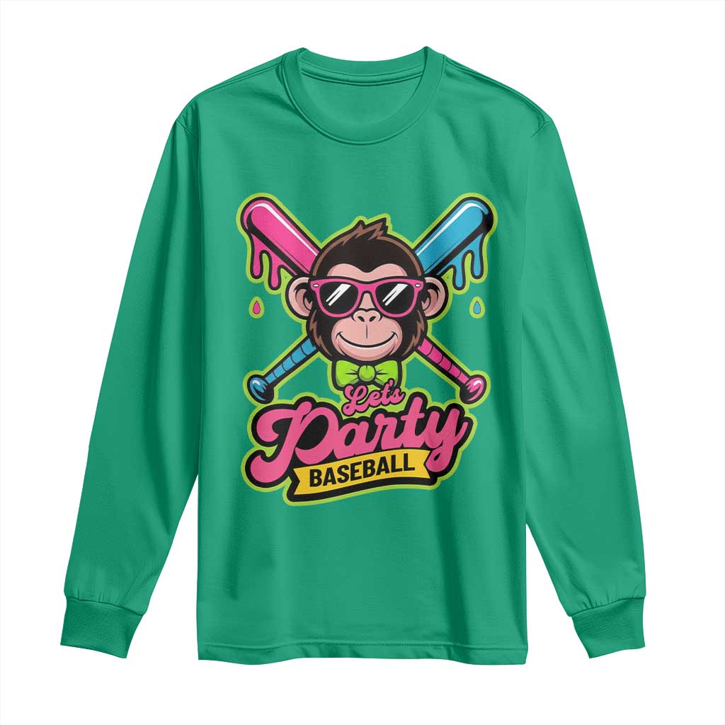 Lets Party Baseball Monkey Game Day Long Sleeve Shirt Neon Dripping Bats Funny Baseball Fan Party Ball