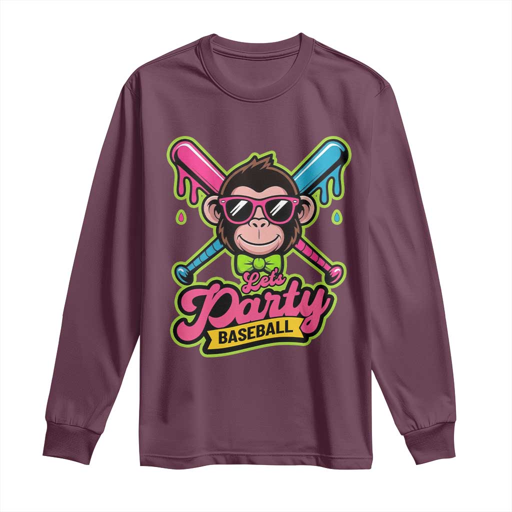 Lets Party Baseball Monkey Game Day Long Sleeve Shirt Neon Dripping Bats Funny Baseball Fan Party Ball
