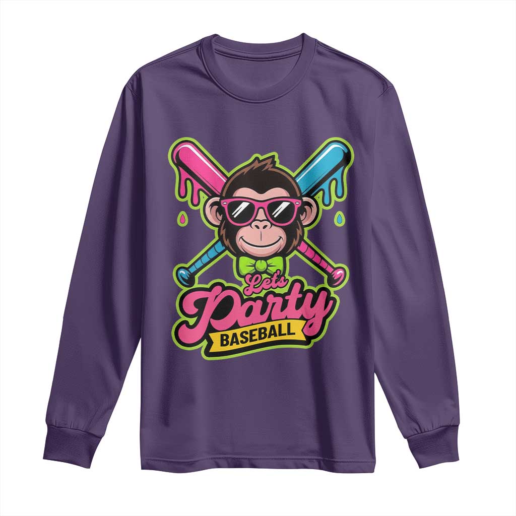 Lets Party Baseball Monkey Game Day Long Sleeve Shirt Neon Dripping Bats Funny Baseball Fan Party Ball