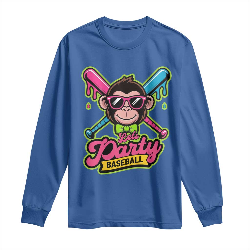 Lets Party Baseball Monkey Game Day Long Sleeve Shirt Neon Dripping Bats Funny Baseball Fan Party Ball