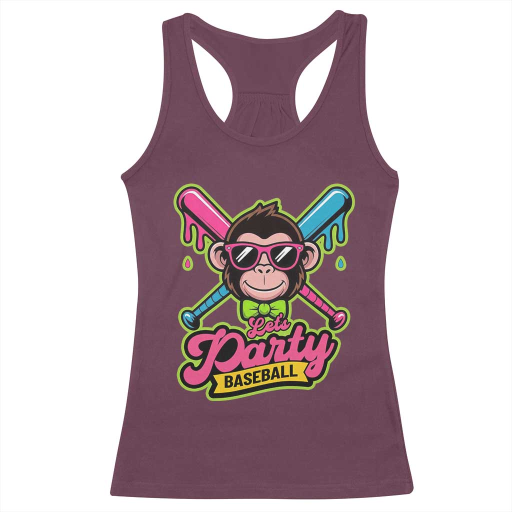 Lets Party Baseball Monkey Game Day Racerback Tank Top Neon Dripping Bats Funny Baseball Fan Party Ball