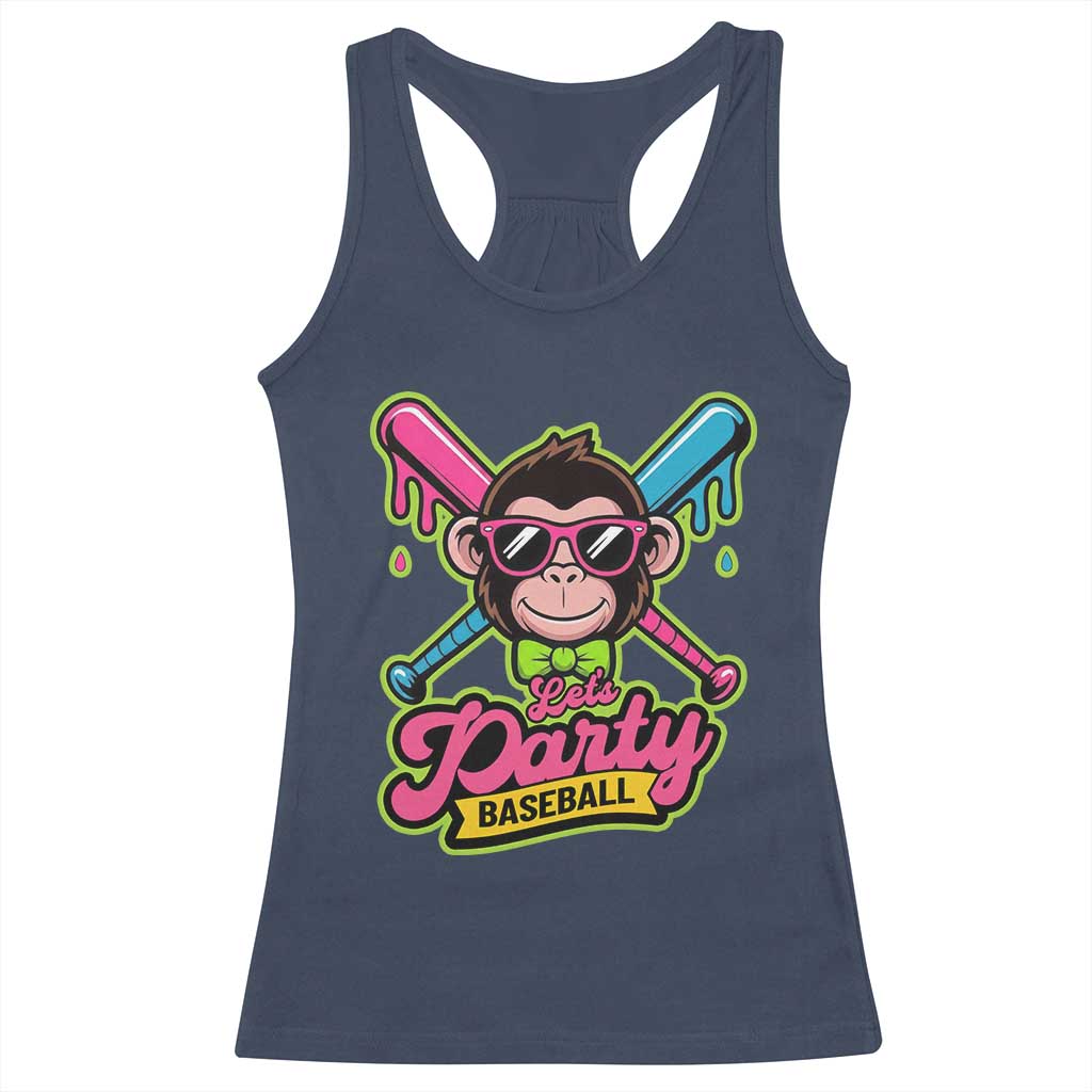 Lets Party Baseball Monkey Game Day Racerback Tank Top Neon Dripping Bats Funny Baseball Fan Party Ball