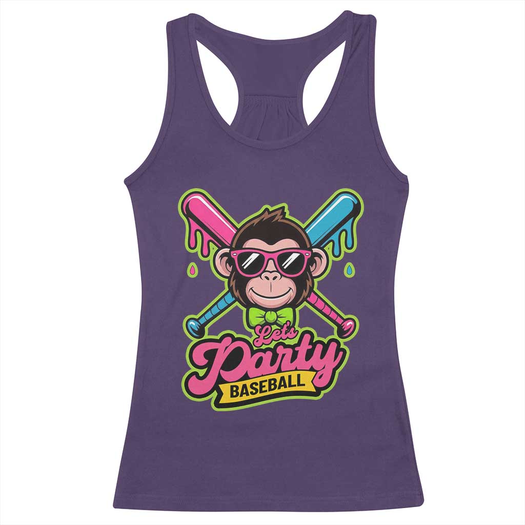 Lets Party Baseball Monkey Game Day Racerback Tank Top Neon Dripping Bats Funny Baseball Fan Party Ball