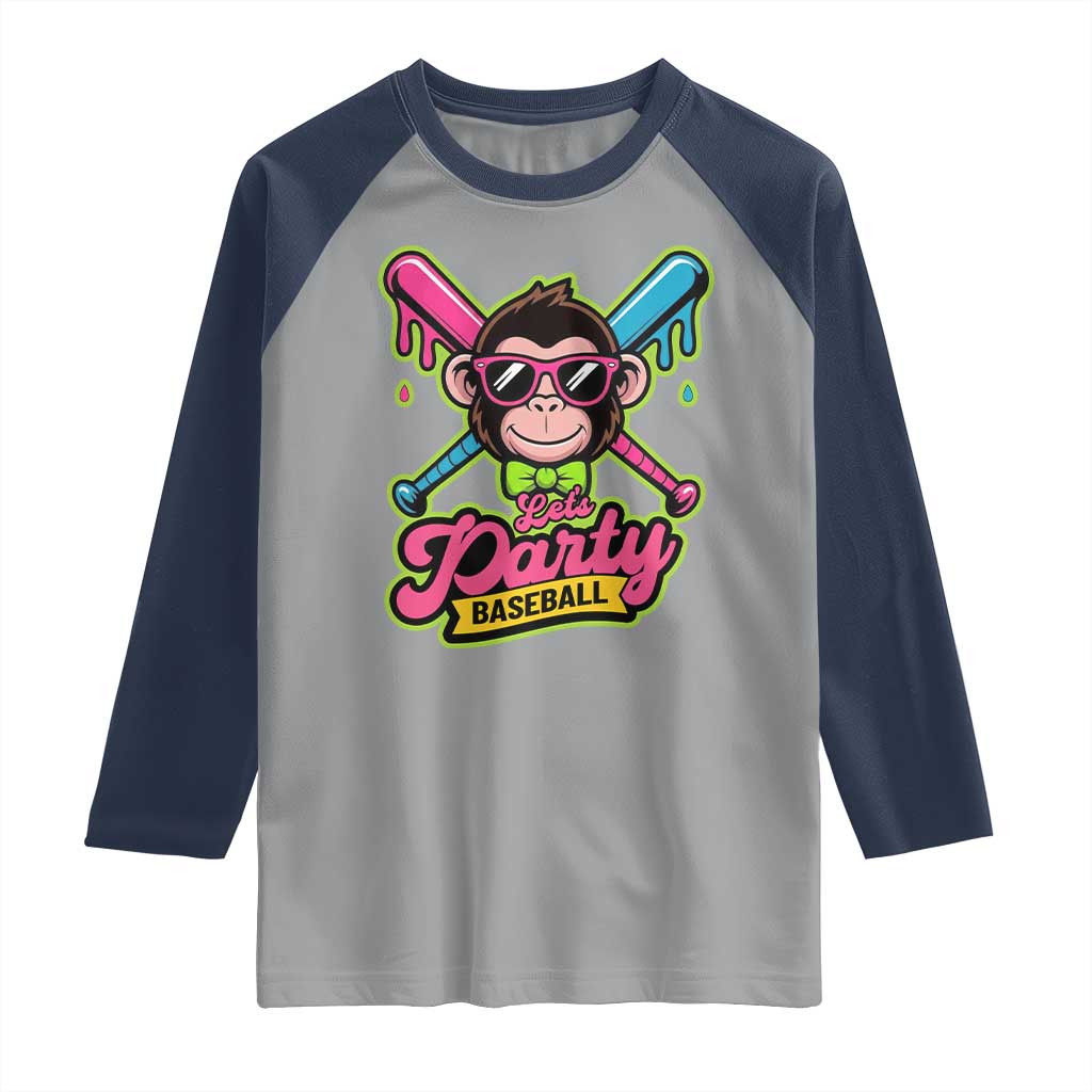 Lets Party Baseball Monkey Game Day Raglan Shirt Neon Dripping Bats Funny Baseball Fan Party Ball