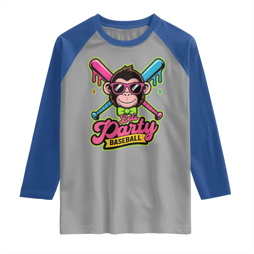Lets Party Baseball Monkey Game Day Raglan Shirt Neon Dripping Bats Funny Baseball Fan Party Ball