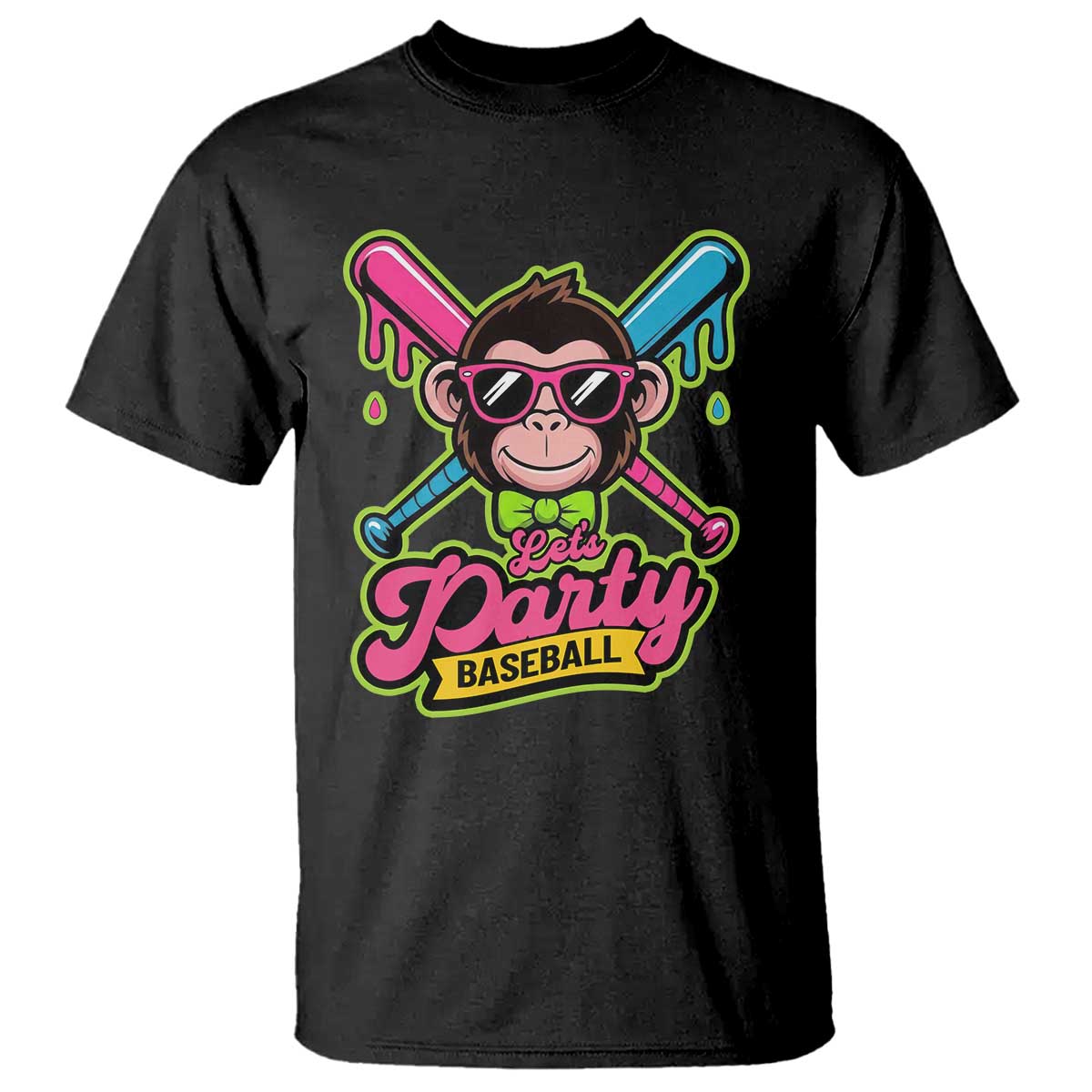 Lets Party Baseball Monkey Game Day T Shirt Neon Dripping Bats Funny Baseball Fan Party Ball