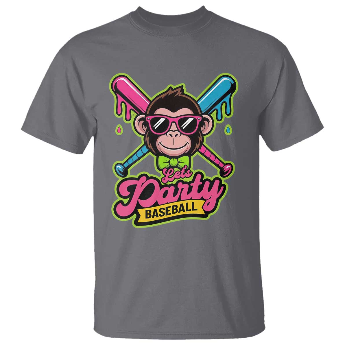Lets Party Baseball Monkey Game Day T Shirt Neon Dripping Bats Funny Baseball Fan Party Ball