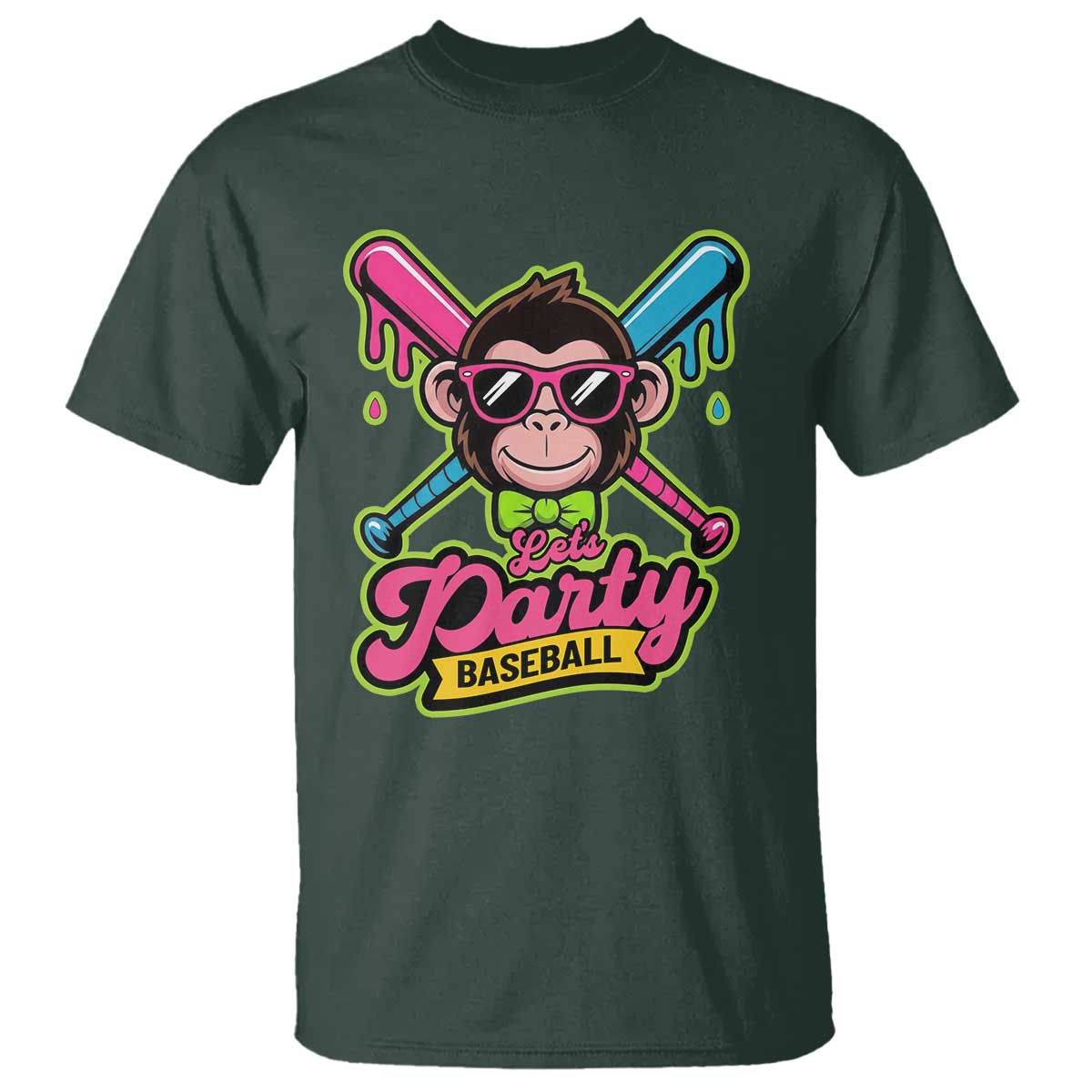 Lets Party Baseball Monkey Game Day T Shirt Neon Dripping Bats Funny Baseball Fan Party Ball