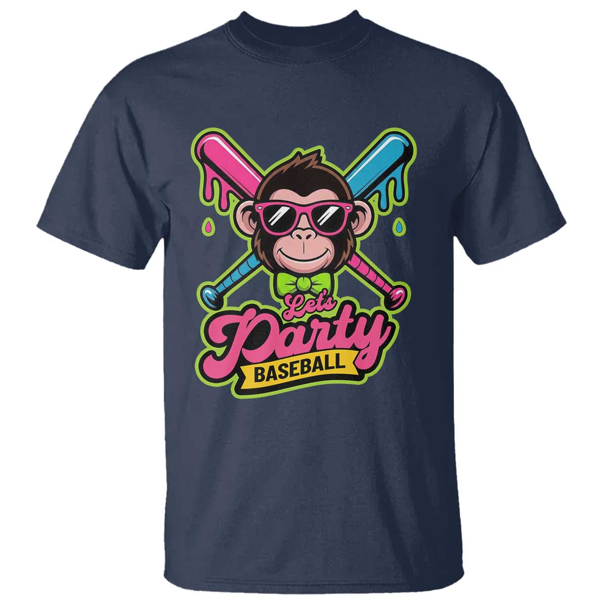 Lets Party Baseball Monkey Game Day T Shirt Neon Dripping Bats Funny Baseball Fan Party Ball