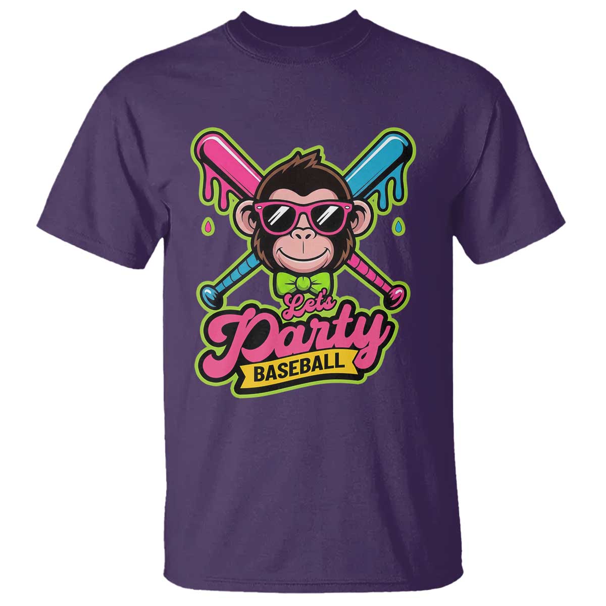 Lets Party Baseball Monkey Game Day T Shirt Neon Dripping Bats Funny Baseball Fan Party Ball