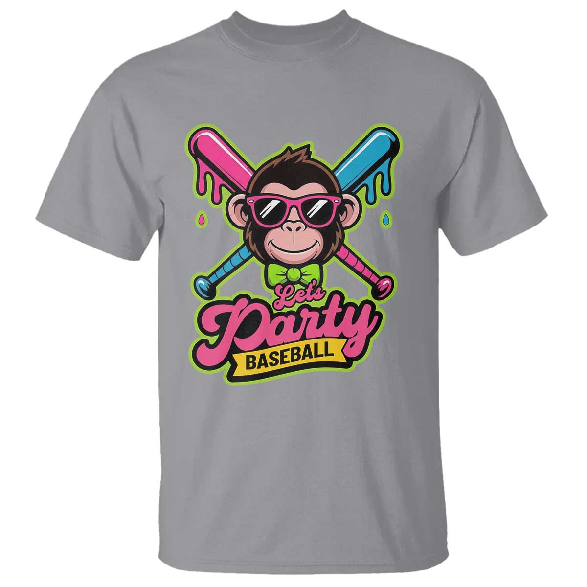 Lets Party Baseball Monkey Game Day T Shirt Neon Dripping Bats Funny Baseball Fan Party Ball